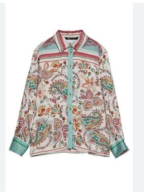 Zara Multicolor Paisley Button-Up Blouse with Aqua Trim